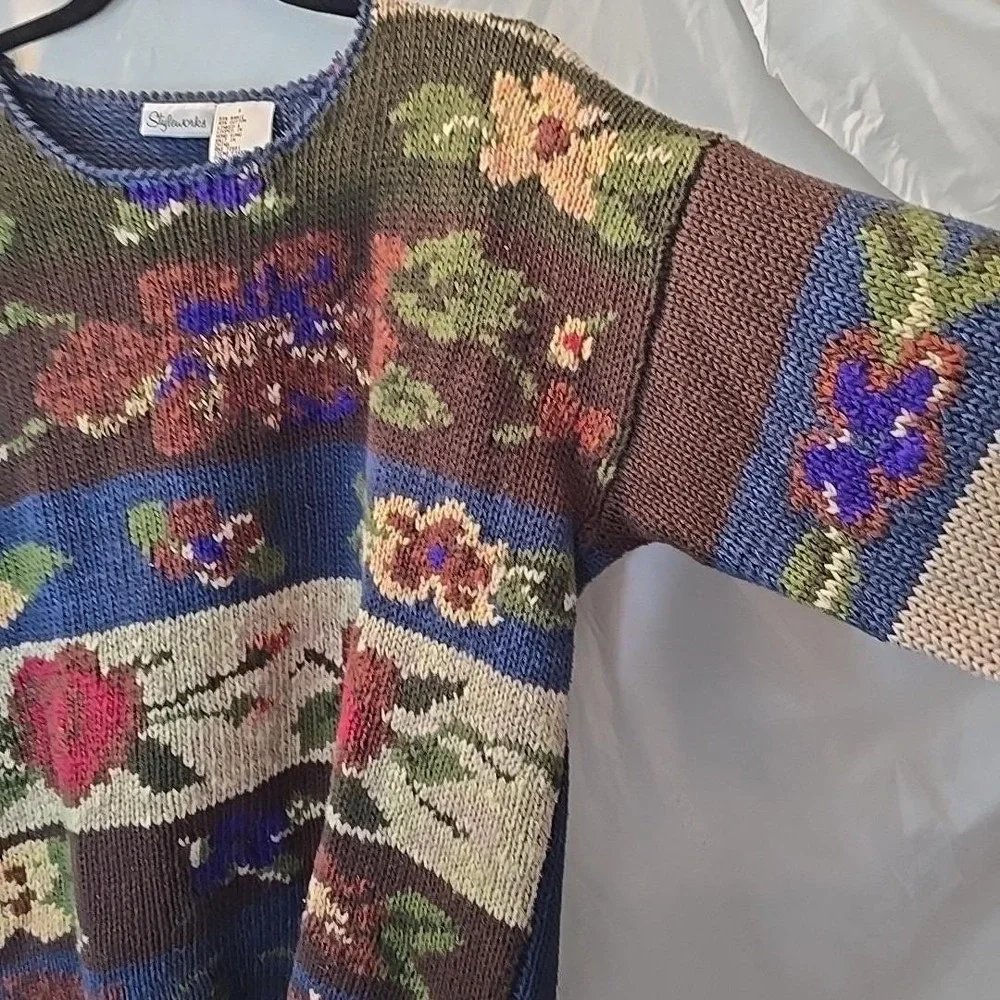 Vintage Styleworks Chunky-knit Fall Autumn Floral Sweater Grandmacore Oversize S